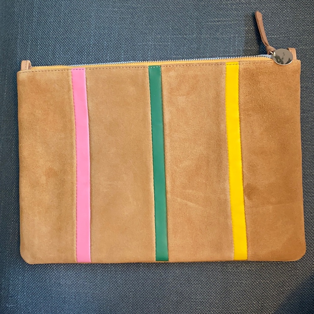 NWT Clare V. Stripe Suede Flat Clutch in Stripe Camel